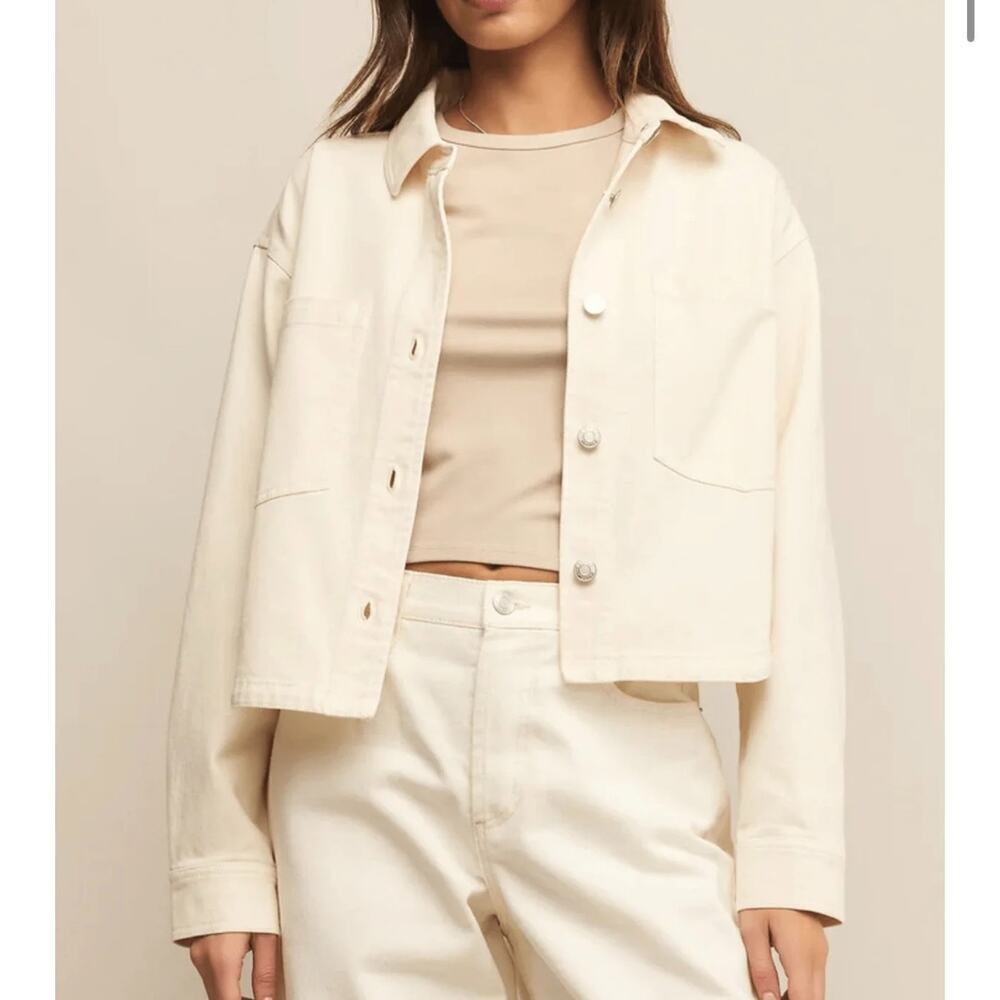 NWT Z Supply All Day Cropped Denim Jacket in Off White Size Large